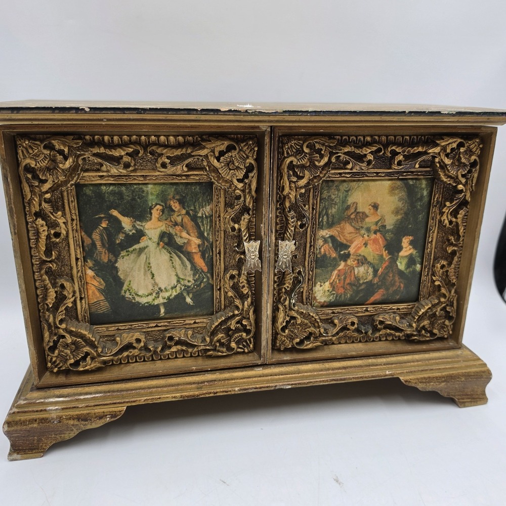 Vtg Ornate Gold Gilt Musical Jewelry Box Cabinet Victorian Courting Scene Toyo